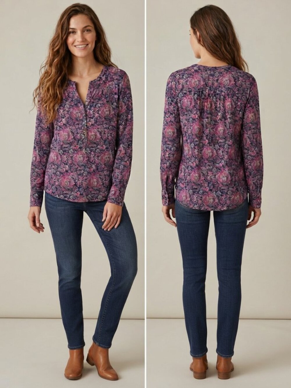 Lucky Brand Women's Small Pink Navy Paisley Boho Henley Pullover Blouse Viscose